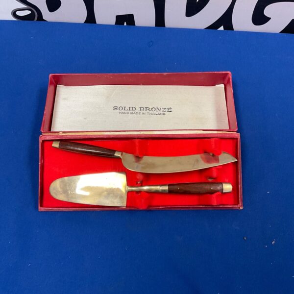 Vintage bronze cake server set in original presentation box.