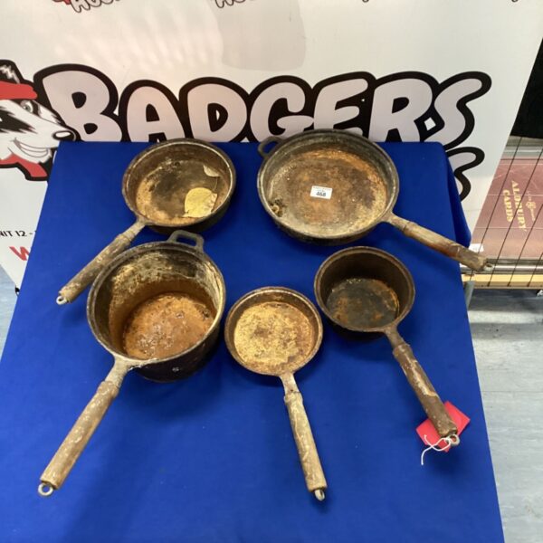 Vintage cast iron pan with a long handle, ideal for cooking.