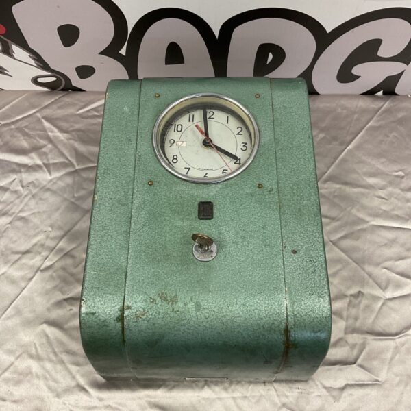 Vintage clocking in machine converted to a quartz clock, front view.