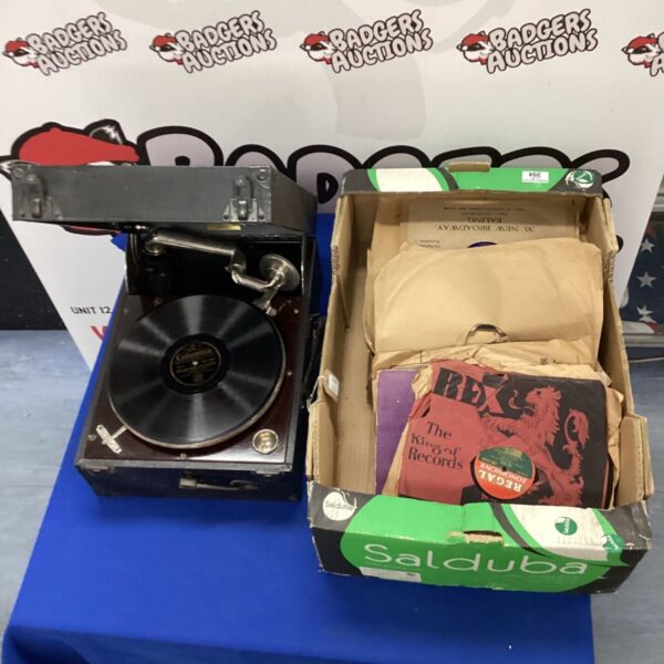 Vintage Columbia gramophone with records, 1930s antique phonograph.