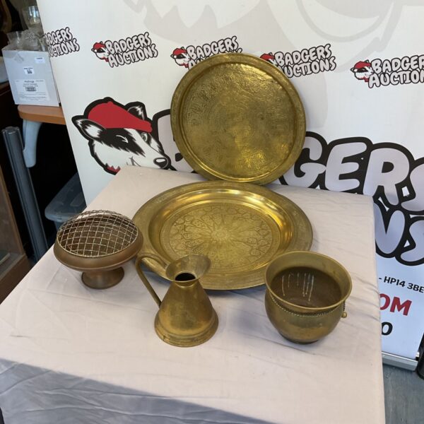 Vintage copper serving set with plates, ice bucket, rose bowl and jug.
