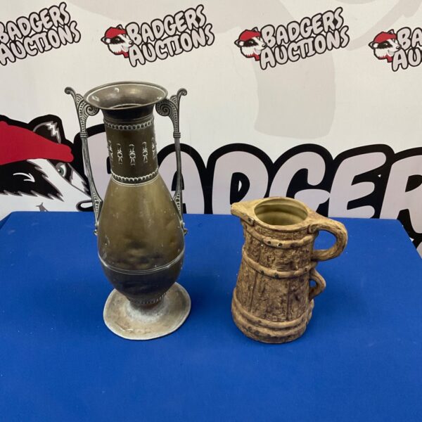 Vintage copper vase and rustic pottery jug set for collectors.