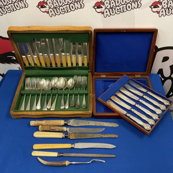 Vintage cutlery sets including Joseph Rogers silver plated flatware.