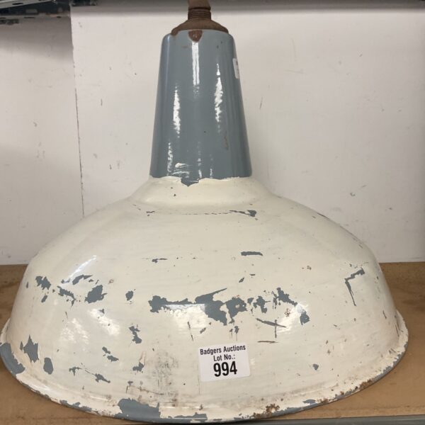 Vintage white enamel industrial pendant light shade.