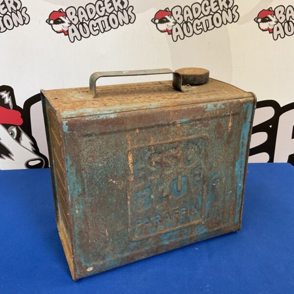 Vintage blue Esso paraffin can, a collectible fuel container.