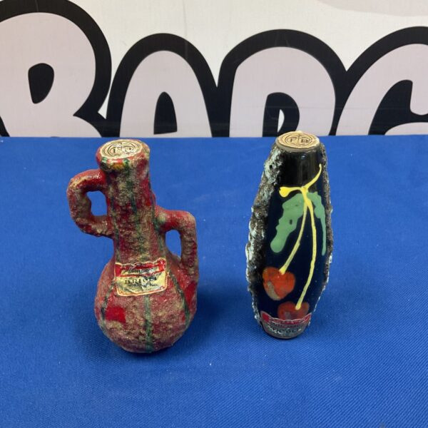 Vintage fat lava pottery bottles by Drioli, colourful mid century modern decor.