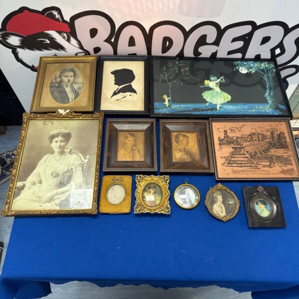 Lot of vintage framed photographs and artwork, including a silhouette.