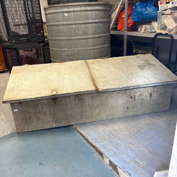 Large vintage galvanised storage bin with a hinged lid.