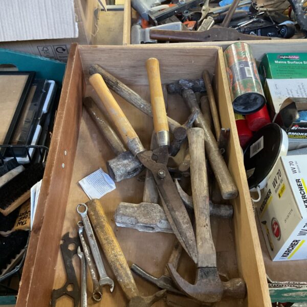 Vintage hammer and shears lot in a wooden box.