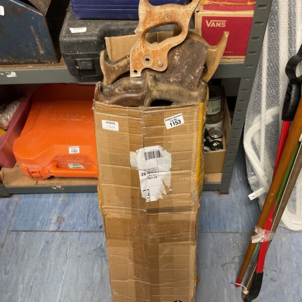 Box of mixed vintage handsaws for collectors and woodworking.
