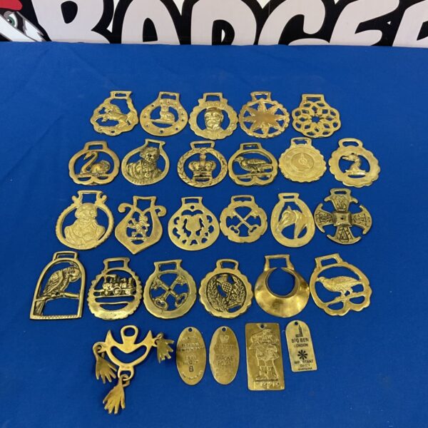 Vintage horse brasses collection, antique equestrian ornaments.