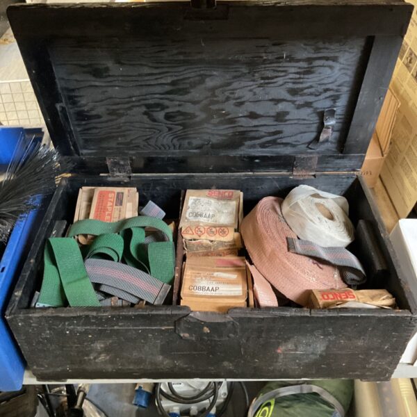 Open vintage industrial supply box with Senco packaging visible.