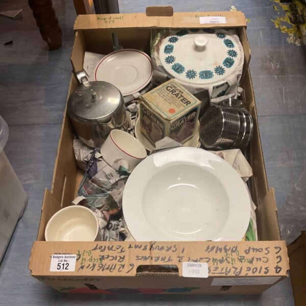 Vintage kitchenware lot with Ramikins, soup dishes, and a grater.