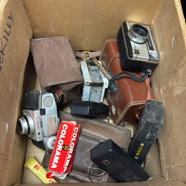 Box lot of vintage Kodak cameras for collectors.