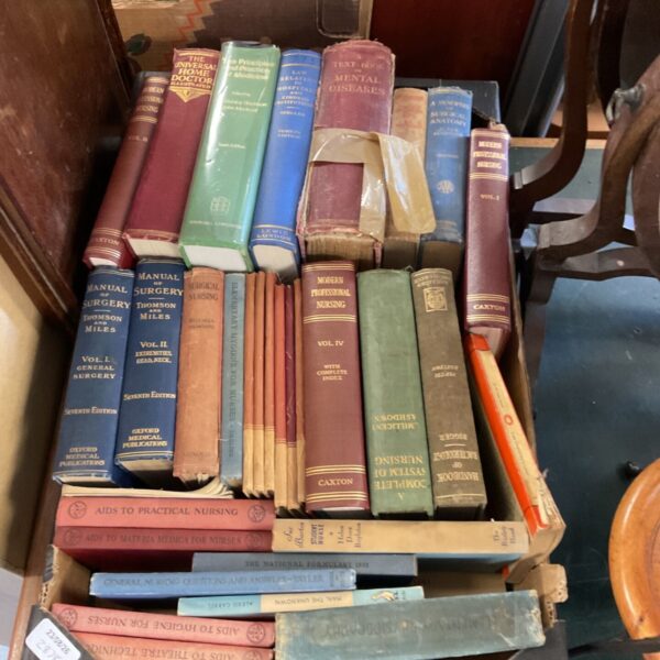 Stack of antique medical reference books, vintage healthcare texts.