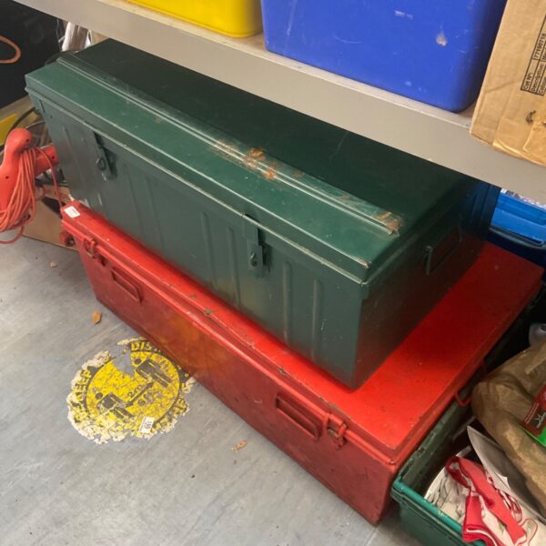 Red vintage metal strongbox, antique storage solution.