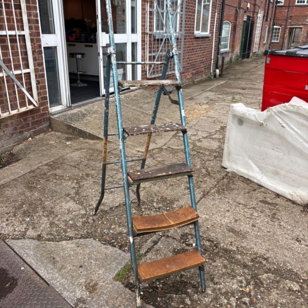 Vintage metal and wooden step ladder in a garden setting.