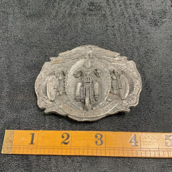 Vintage motorcycle belt buckle with sidecar design, "Live to Ride" inscription.