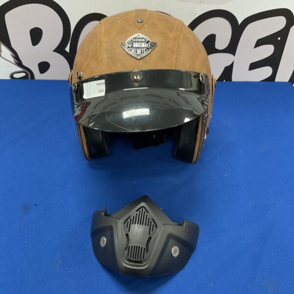 Vintage brown leather motorcycle helmet with mask.