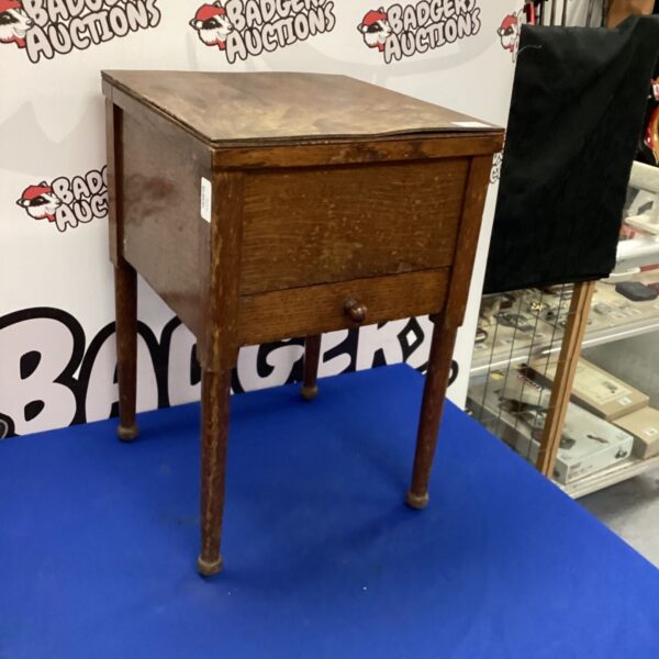 Vintage oak sewing box with drawer, antique sewing storage solution.