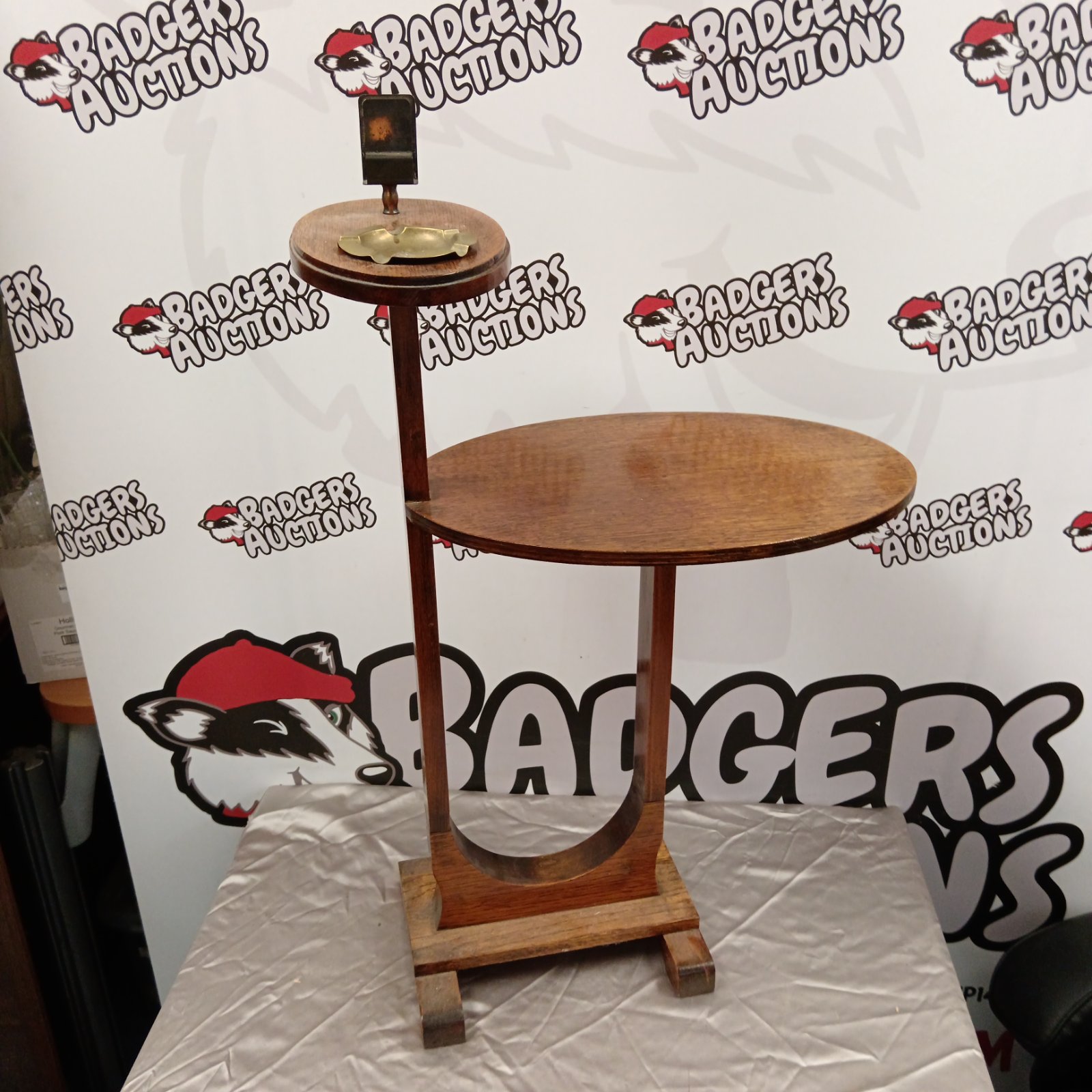 Vintage oak smokers table with ashtray, a collectible retro piece.