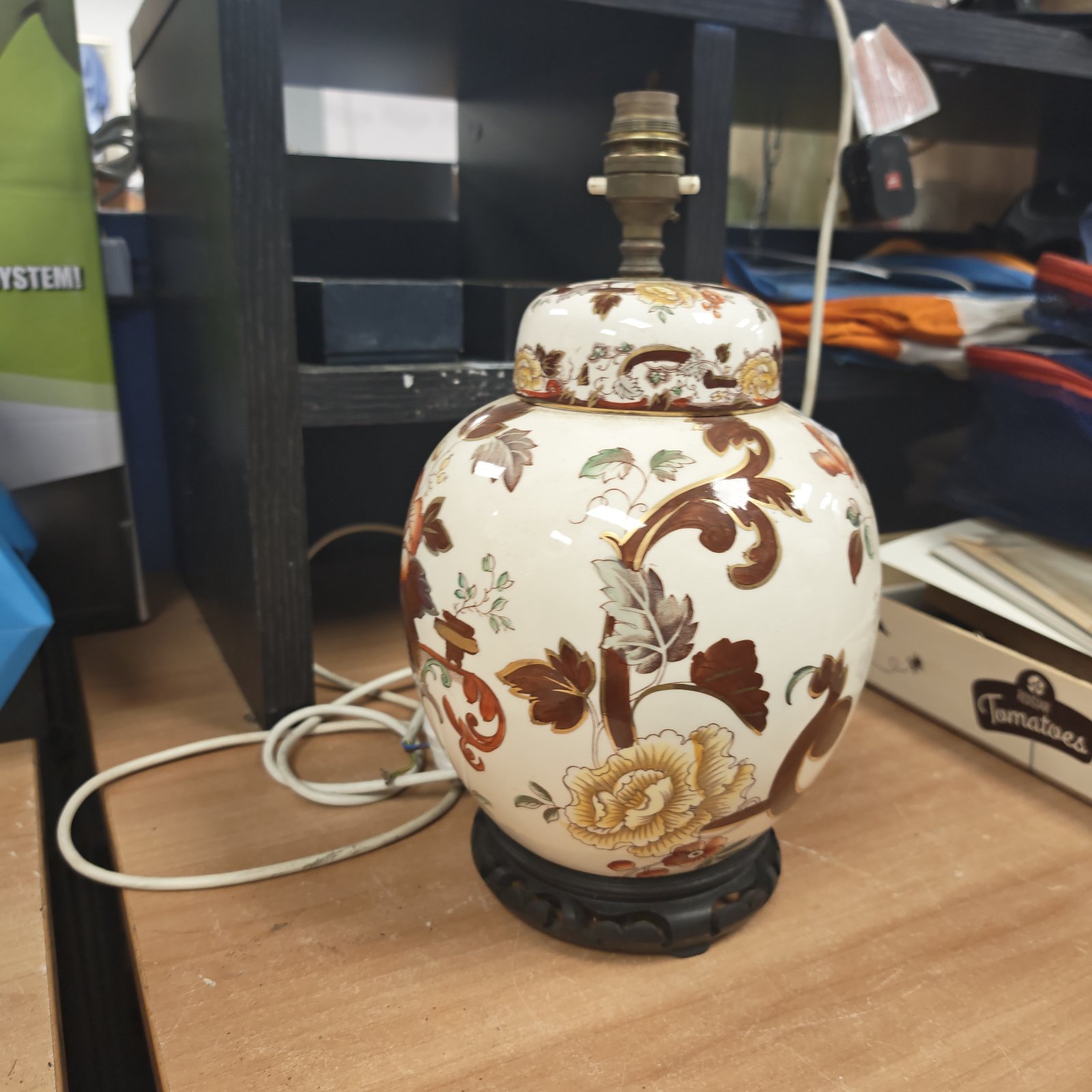 Vintage oriental table lamp with floral ceramic base.