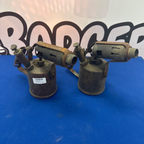 Pair of vintage paraffin blowtorches, antique hand tools for collectors.