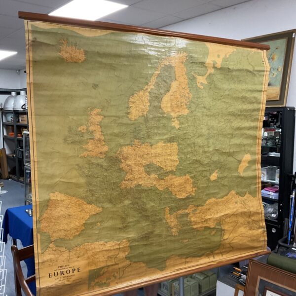 Large vintage Phillips map of Europe, detailed geographic wall display.