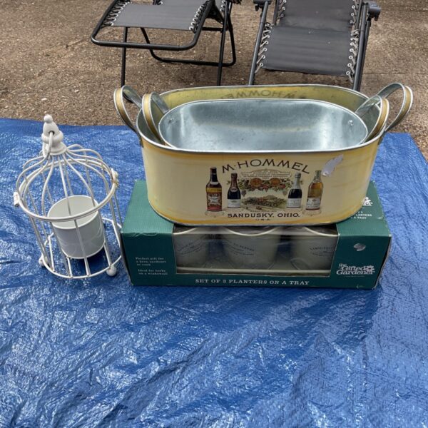 Vintage metal planter set with Sandusky Ohio tray and candle holder.