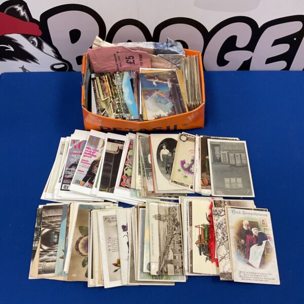Vintage postcard collection in a box, antique ephemera.