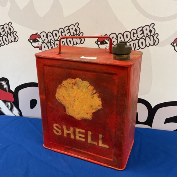 Vintage Shell fuel can with bronze cap, collectible petroliana.