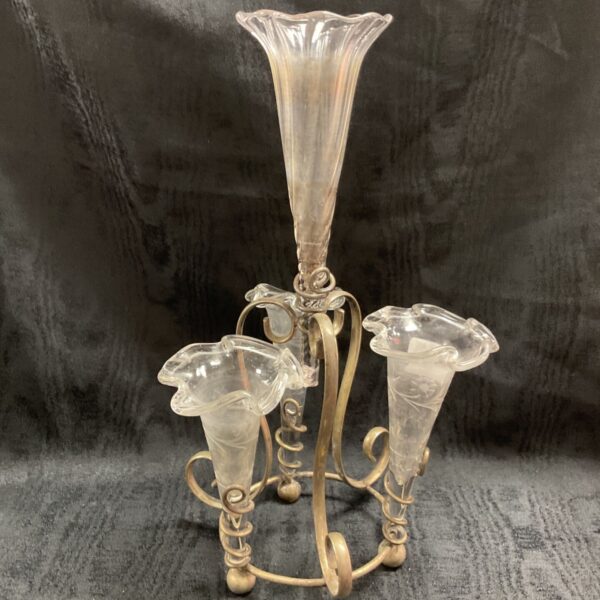 Vintage silver plate epergne with three glass holders.