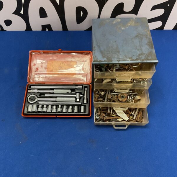 Vintage socket set and screw lot with original case.
