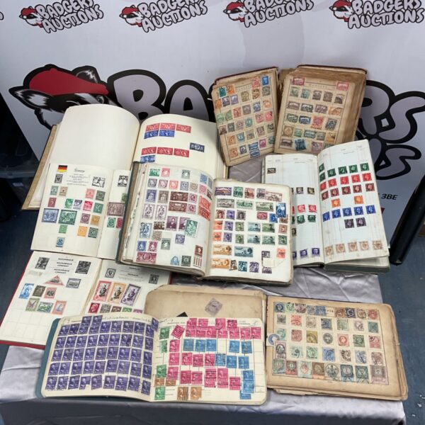 Vintage stamp album filled with collectible postage stamps.