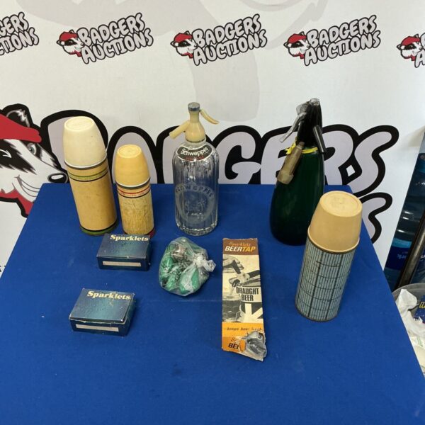 Vintage Thermos flasks collection with Sparklets Beer Tap and Soda Stream dispenser.