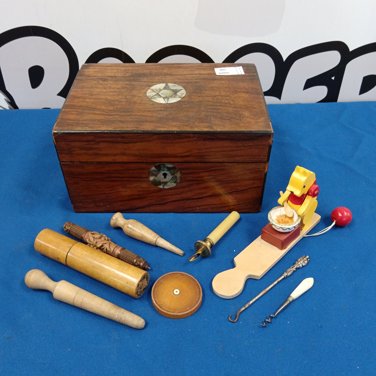 Vintage treen lot with mother of pearl inlaid wooden box.