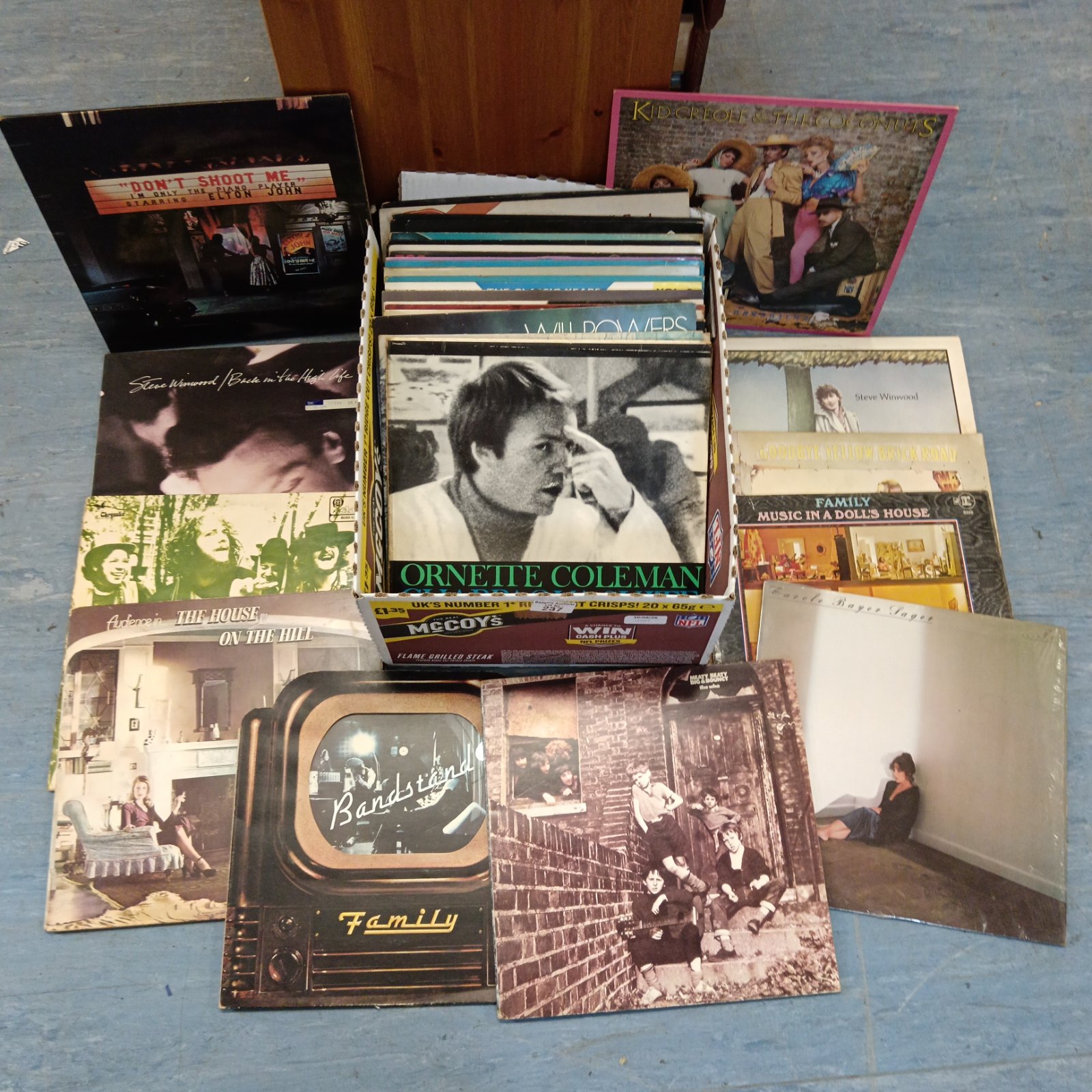 Vintage vinyl record collection including Kid Creole and Jethro Tull.