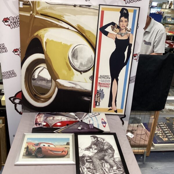 Vintage VW Beetle and Audrey Hepburn prints for collectible wall art.