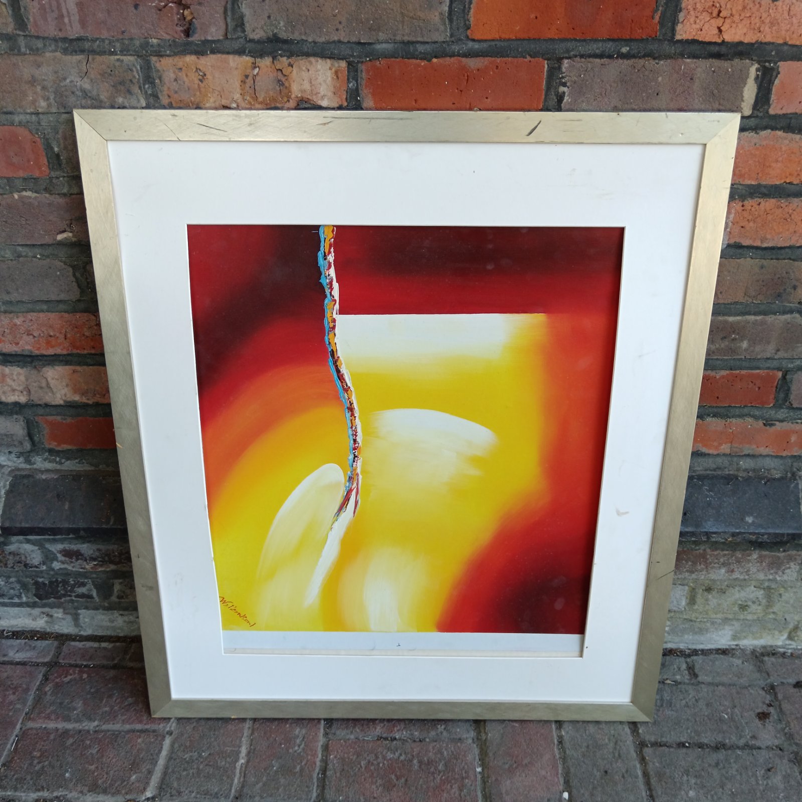 Vibrant W Newson abstract acrylic painting with red and yellow hues.