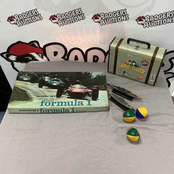 Vintage Waddingtons Formula 1 Racing Game box with Laurel and Hardy DVD.