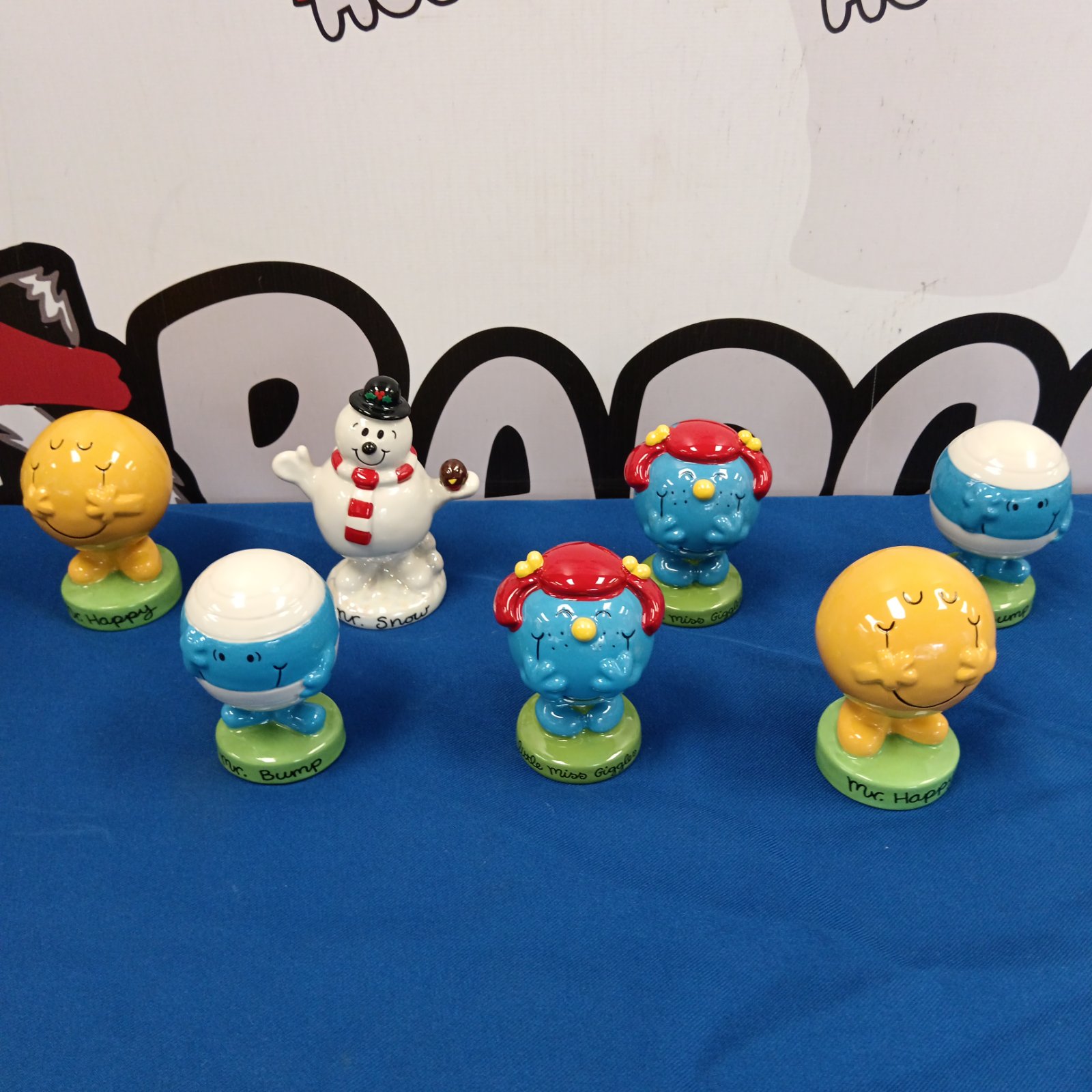 Lot of seven Wade Mr Men porcelain figures, vintage collectible toys.