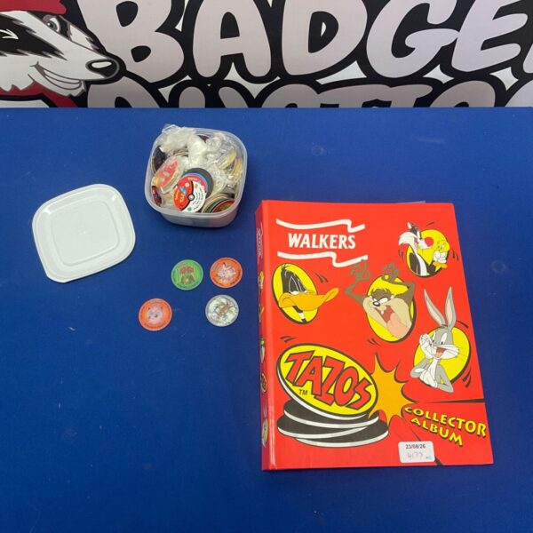 Walkers Tazos Collector Album with a tub of Pokémon Tazos on display.