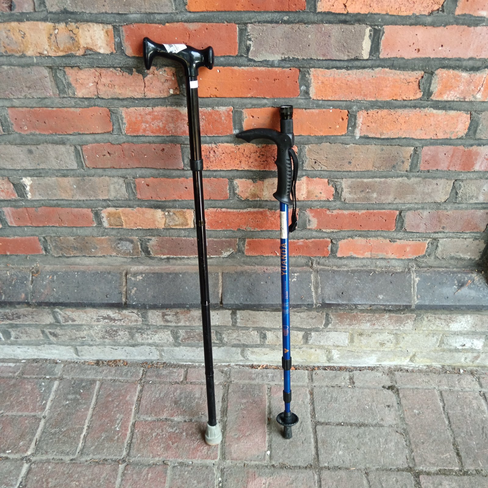 Blue and silver walking stick with compass and torch features.
