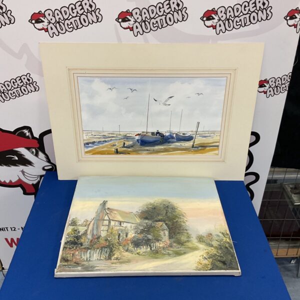 Watercolour painting of boats in dry dock, a serene coastal scene.