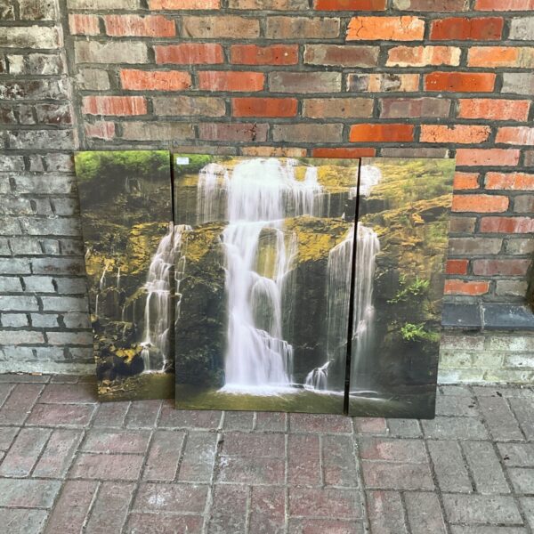 Three-panel waterfall wall art for scenic home decor.
