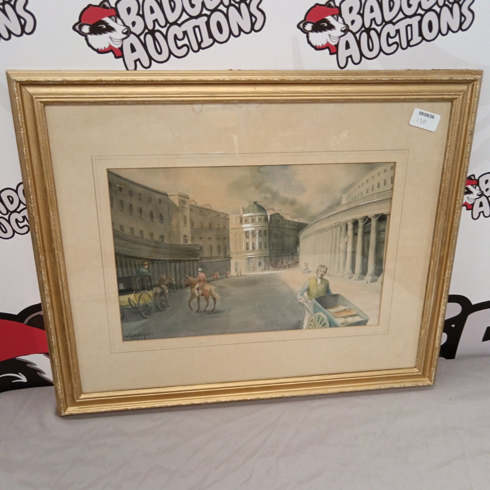 Antique Weatherill watercolour painting of a Georgian street scene with a horse carriage.