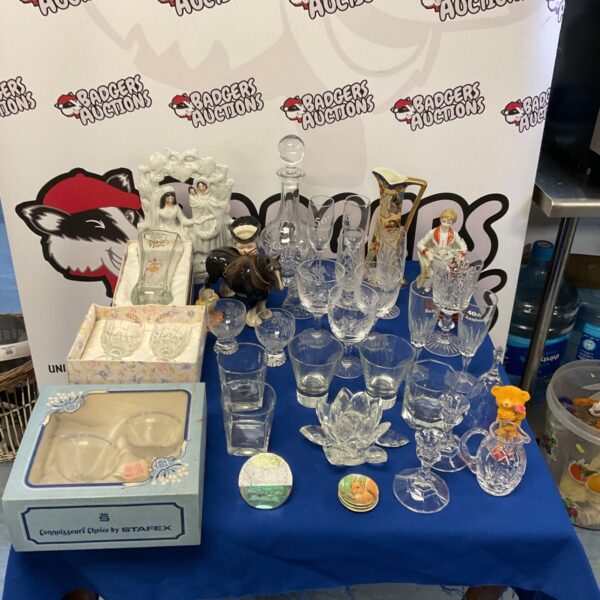 Large lot of wedding anniversary glasses and crystal decanter.