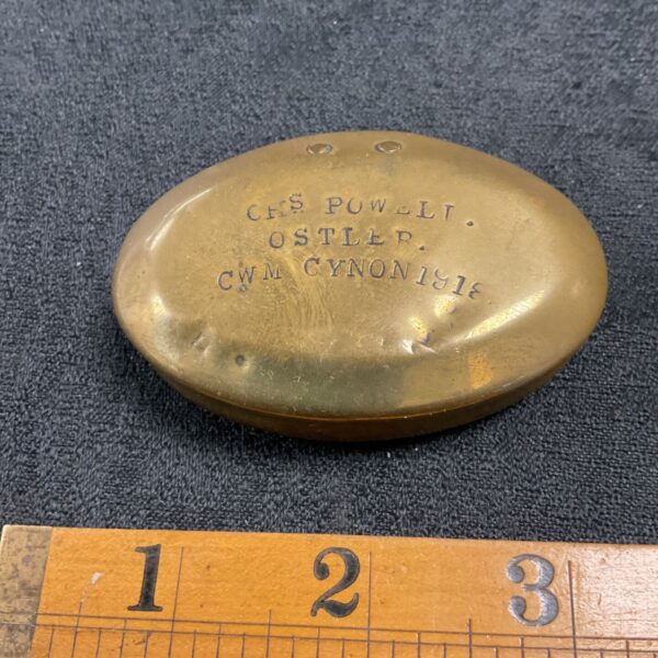 Antique Welsh mining snuff box from 1918, inscribed with owner's name.