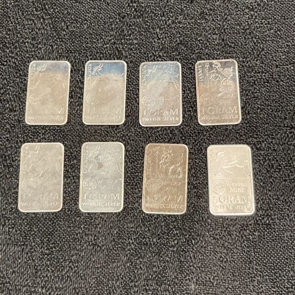 Eight one-gram silver ingots from Wessex Mint, showcasing fine silver bullion.