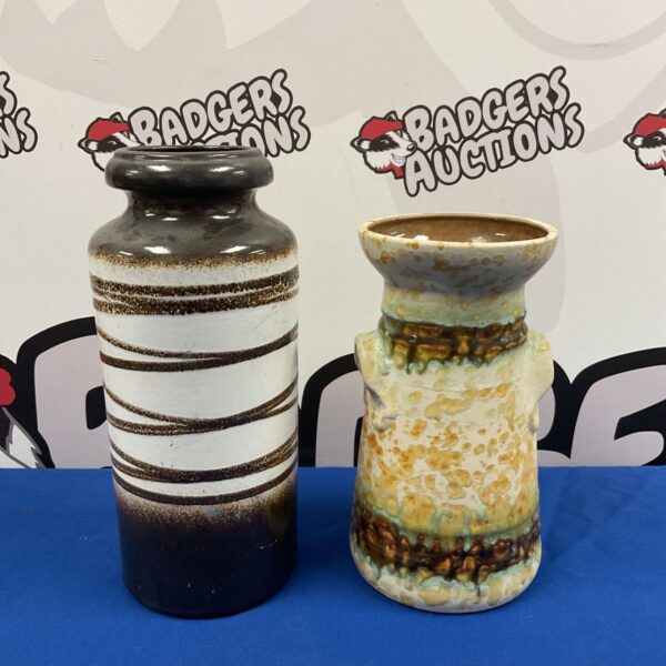 Vintage West German pottery vases with brown and cream glaze.